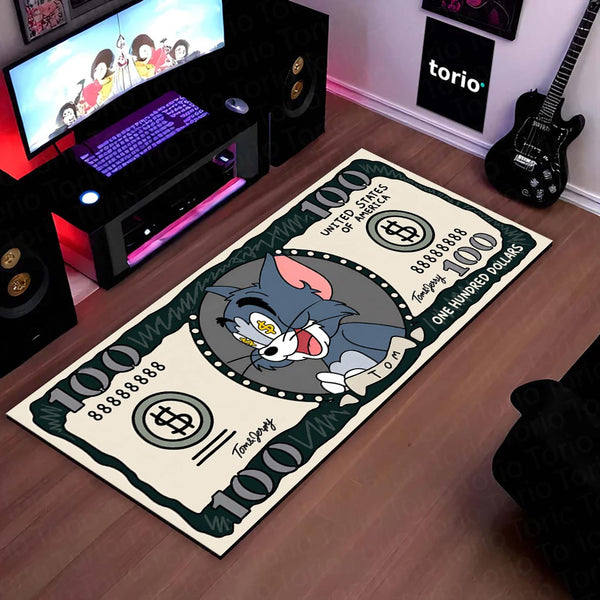 Tom Cat Money Note Flat Rug | Tom and Jerry Cartoon Dollar Bill Inspired Bedroom Rug for Gaming Room & Cartoon Decor