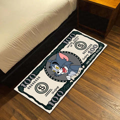 Tom Cat Money Note Flat Rug | Tom and Jerry Cartoon Dollar Bill Inspired Bedroom Rug for Gaming Room & Cartoon Decor