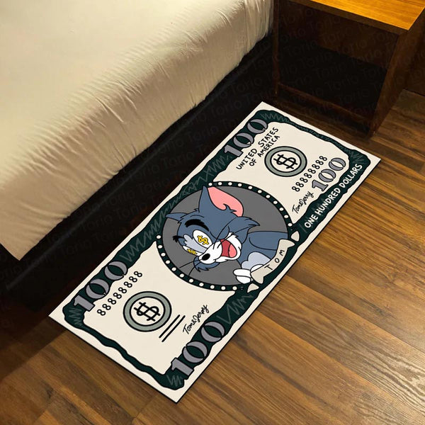Tom Cat Money Note Flat Rug | Tom and Jerry Cartoon Dollar Bill Inspired Bedroom Rug for Gaming Room & Cartoon Decor
