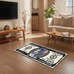 Tom Cat Money Note Flat Rug | Tom and Jerry Cartoon Dollar Bill Inspired Bedroom Rug for Gaming Room & Cartoon Decor