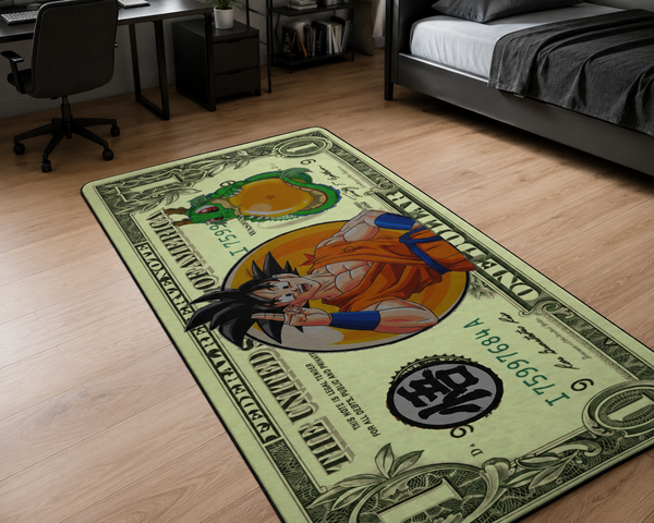 Anime warrior money note flat rug mockup in gaming bedroom