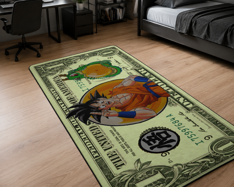 Anime warrior money note flat rug mockup in gaming bedroom