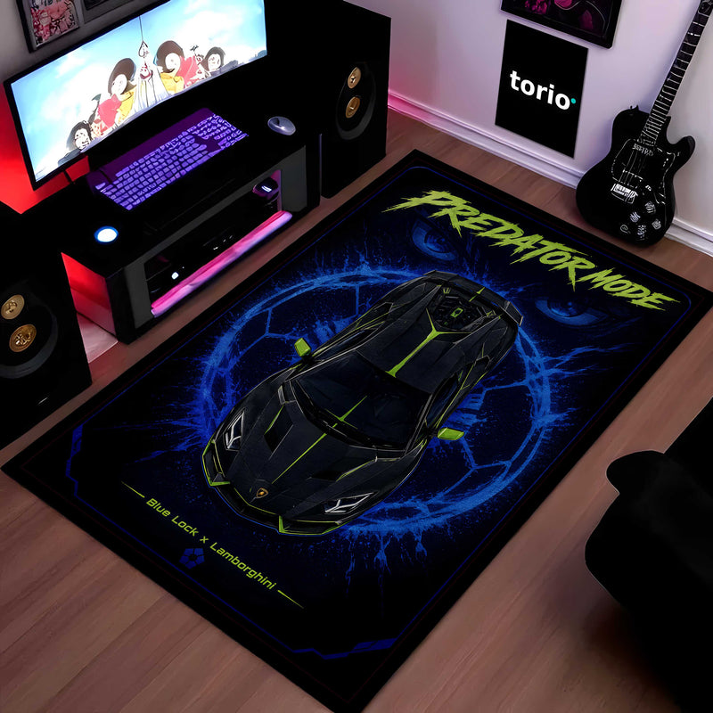 Predator Mode Lamborghini Area flat Rug | Blue Lock x Lamborghini Inspired Gaming flat Rug | Anti-Slip 3 mm Large Floor Mat for Bedroom, Gaming Room & Car Enthusiast Decor