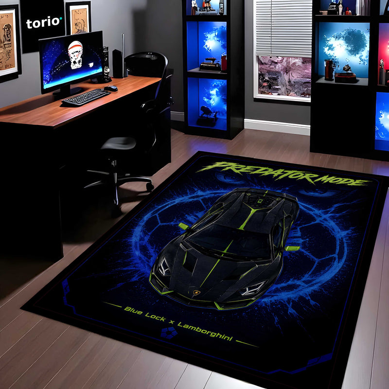Predator Mode Lamborghini Area flat Rug | Blue Lock x Lamborghini Inspired Gaming flat Rug | Anti-Slip 3 mm Large Floor Mat for Bedroom, Gaming Room & Car Enthusiast Decor