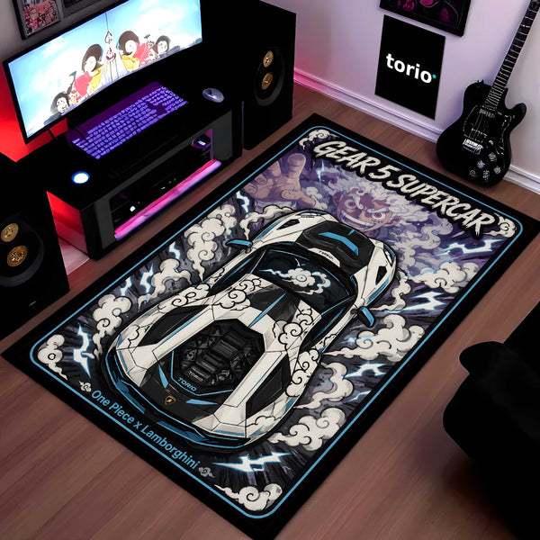 Gear 5 Supercar Area flat Rug | One Piece × Lamborghini Premium Anime flat Rug | Cloud Power Gaming Room Decor