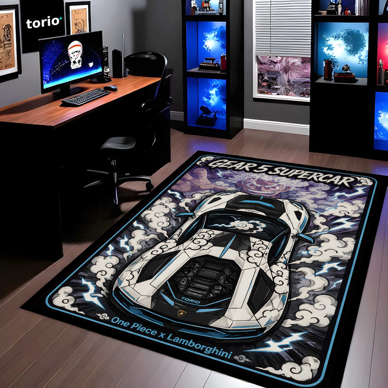 Gear 5 Supercar Area flat Rug | One Piece × Lamborghini Premium Anime flat Rug | Cloud Power Gaming Room Decor