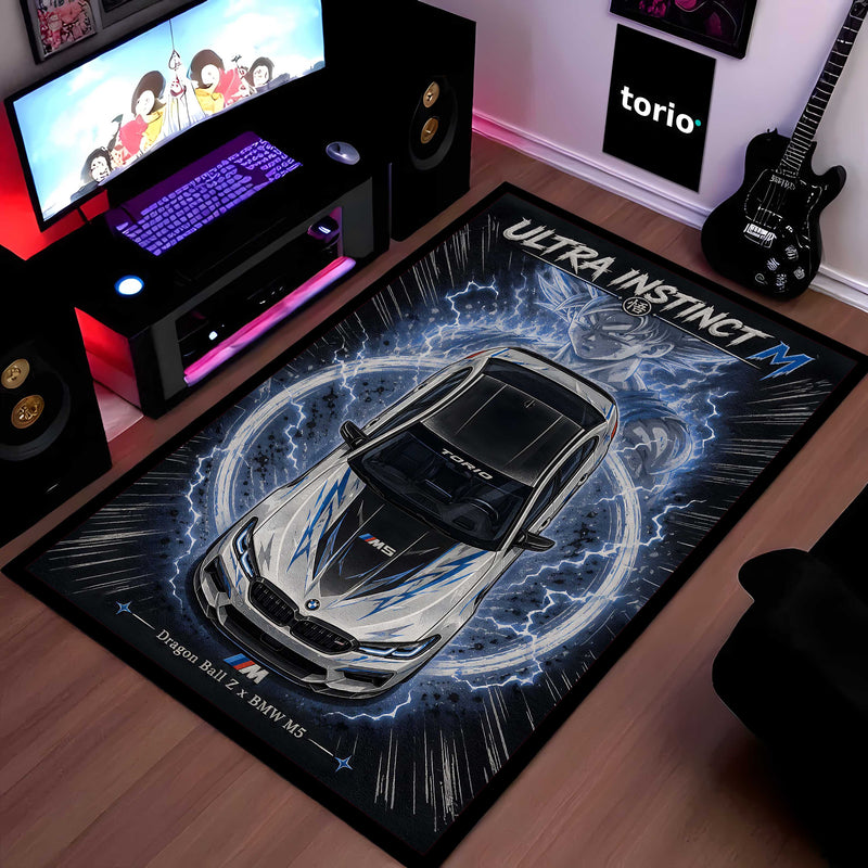Ultra Instinct M Area flat Rug | Dragon Ball Z × BMW M5 Premium Anime flat Rug | Electric Power Gaming Room Decor