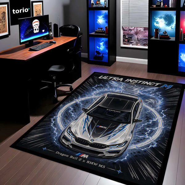 Ultra Instinct M Area flat Rug | Dragon Ball Z × BMW M5 Premium Anime flat Rug | Electric Power Gaming Room Decor