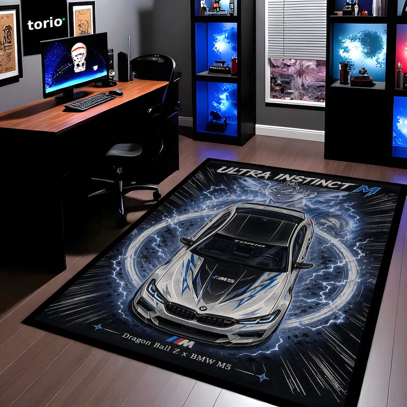 Ultra Instinct M Area flat Rug | Dragon Ball Z × BMW M5 Premium Anime flat Rug | Electric Power Gaming Room Decor