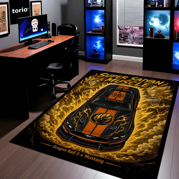 Super Saiyan Muscle Area flat Rug | Dragon Ball Z × Mustang Premium Anime flat Rug | Golden Energy Gaming Room Decor