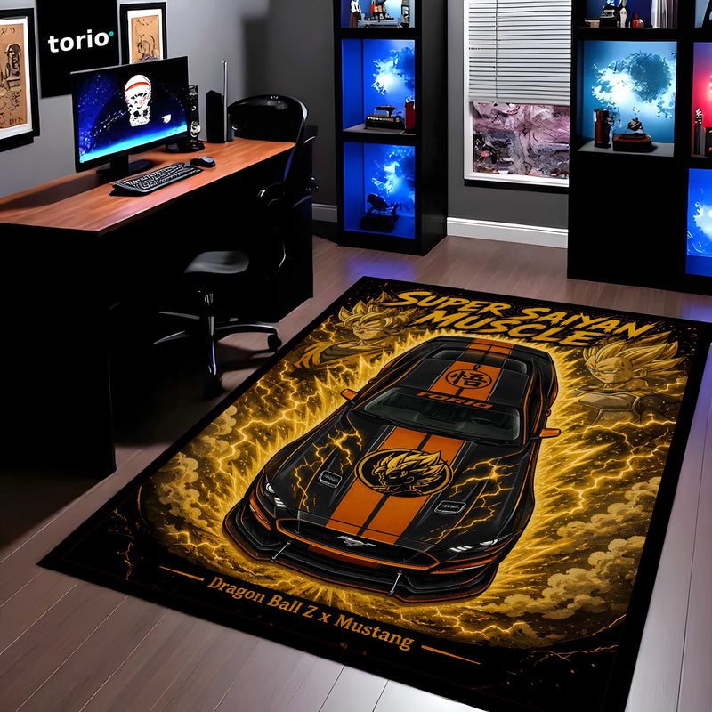 Super Saiyan Muscle Area flat Rug | Dragon Ball Z × Mustang Premium Anime flat Rug | Golden Energy Gaming Room Decor
