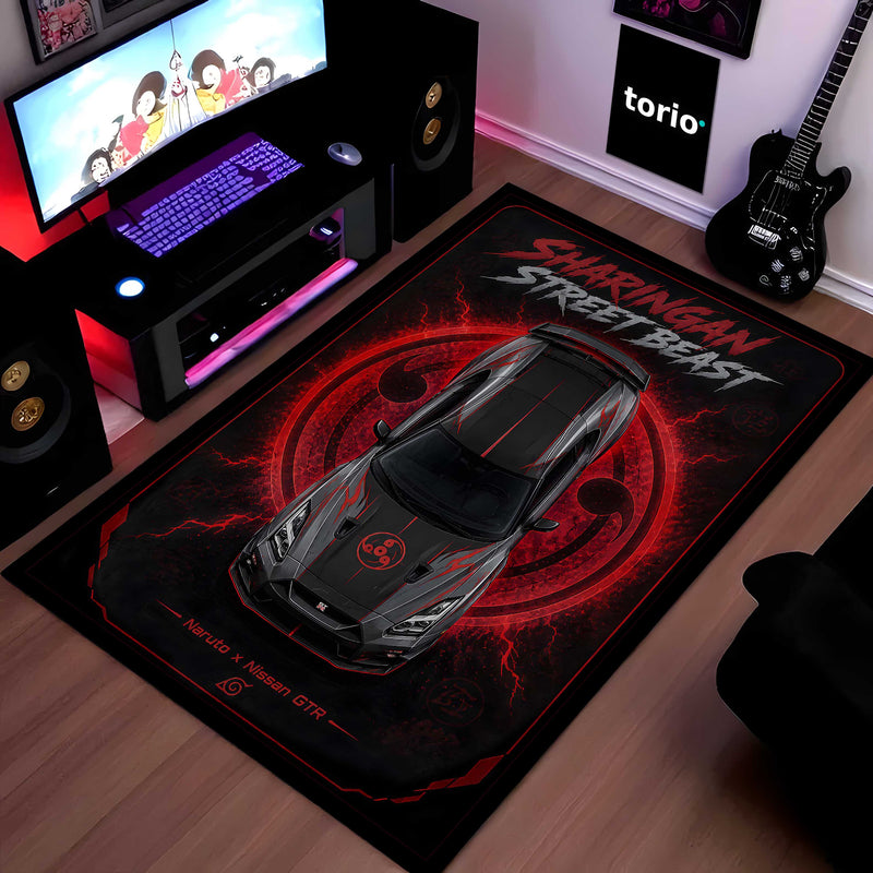 Sharingan Street Beast Area flat Rug | Naruto x Nissan GTR Inspired Gaming flat Rug | Anti-Slip 3 mm Large Floor Mat for Bedroom, Gaming Room & JDM Car Decor