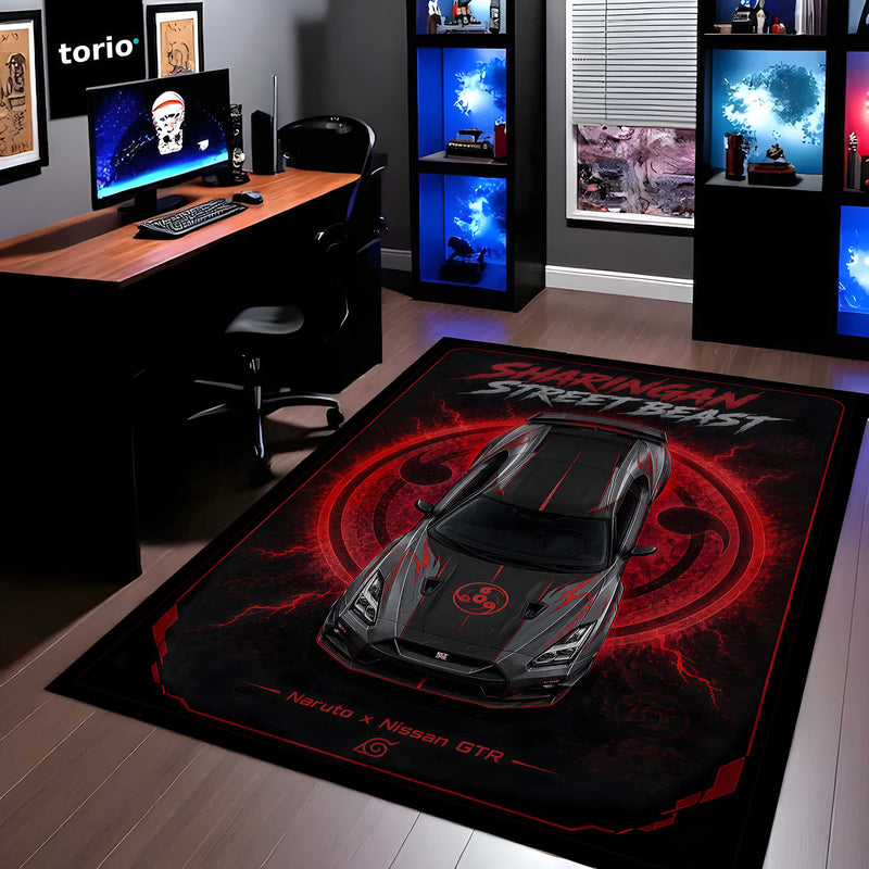 Sharingan Street Beast Area flat Rug | Naruto x Nissan GTR Inspired Gaming flat Rug | Anti-Slip 3 mm Large Floor Mat for Bedroom, Gaming Room & JDM Car Decor