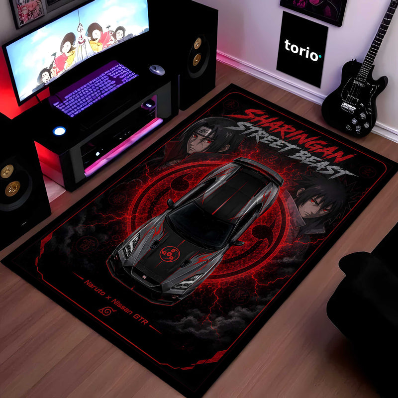 Sharingan Street Beast Naruto x Nissan GTR Area flat Rug | Anime JDM Gaming flat Rug | Anti-Slip 3 mm Large Floor Mat for Bedroom, Gaming Room & Car Enthusiast Decor