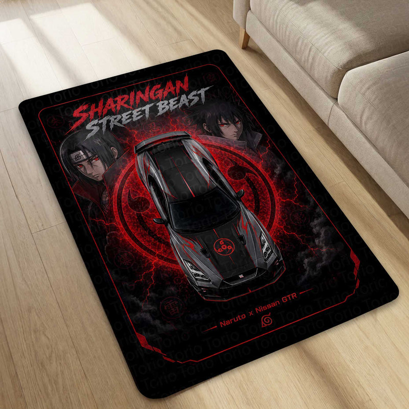 Sharingan Street Beast Naruto x Nissan GTR Area flat Rug | Anime JDM Gaming flat Rug | Anti-Slip 3 mm Large Floor Mat for Bedroom, Gaming Room & Car Enthusiast Decor