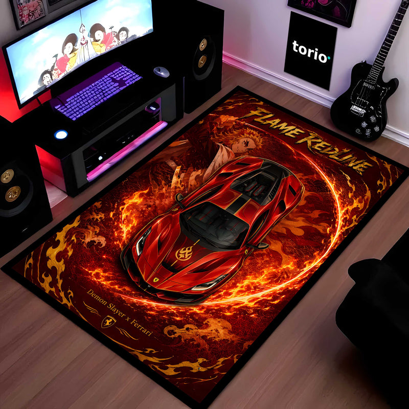 Flame Redline Ferrari Area flat Rug | Demon Slayer Rengoku Inspired Gaming flat Rug | Anti-Slip 3 mm Large Floor Mat for Bedroom, Gaming Room & Anime Car Decor