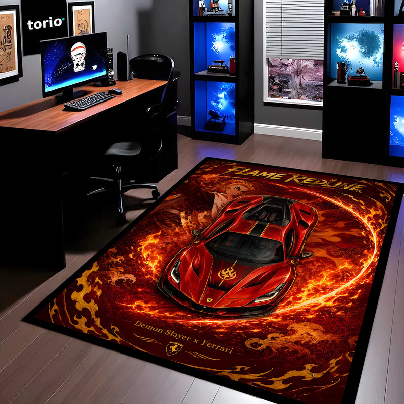 Flame Redline Ferrari Area flat Rug | Demon Slayer Rengoku Inspired Gaming flat Rug | Anti-Slip 3 mm Large Floor Mat for Bedroom, Gaming Room & Anime Car Decor