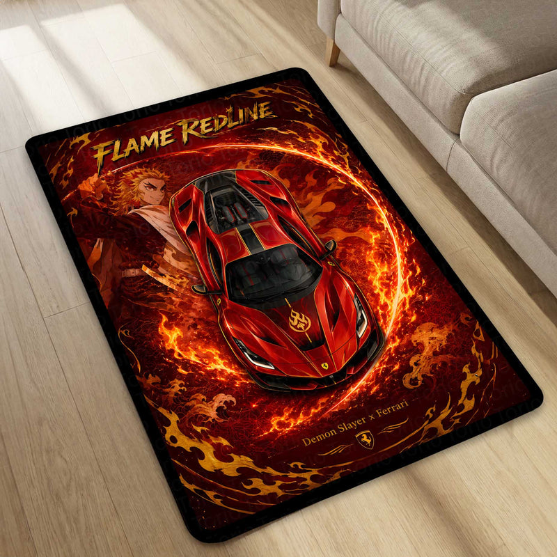 Flame Redline Ferrari Area flat Rug | Demon Slayer Rengoku Inspired Gaming flat Rug | Anti-Slip 3 mm Large Floor Mat for Bedroom, Gaming Room & Anime Car Decor
