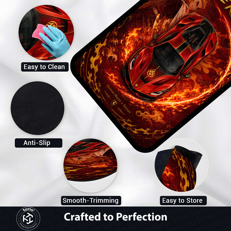 Flame Redline Ferrari Area flat Rug | Demon Slayer Rengoku Inspired Gaming flat Rug | Anti-Slip 3 mm Large Floor Mat for Bedroom, Gaming Room & Anime Car Decor