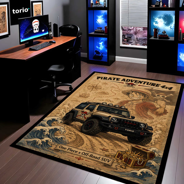 Pirate Adventure 4x4 Area flat Rug | One Piece Luffy Off-Road SUV Gaming flat Rug | Anti-Slip 3 mm Large Floor Mat for Bedroom, Gaming Room & Anime Decor