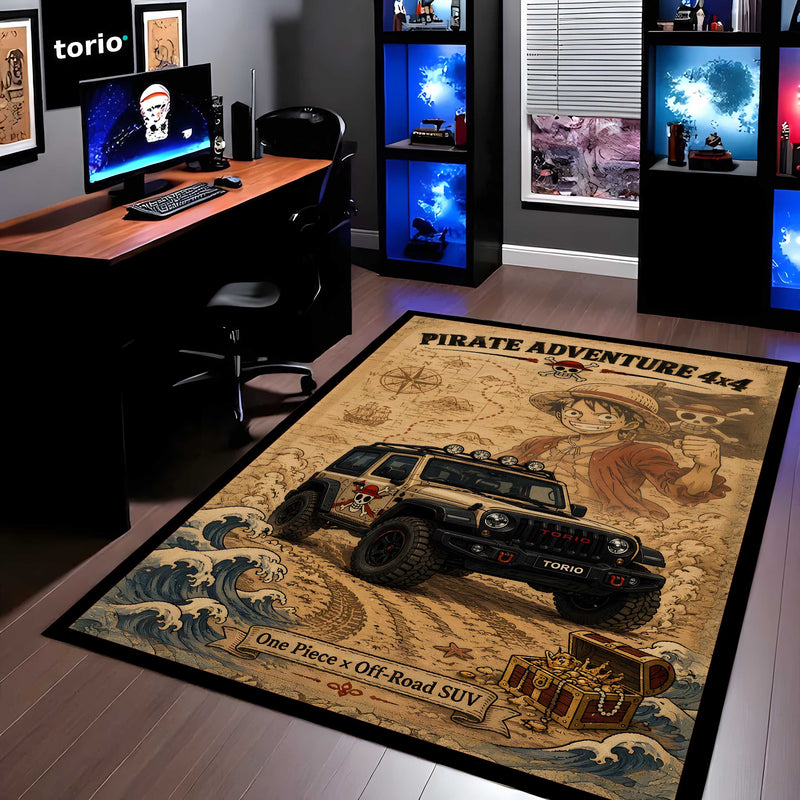Pirate Adventure 4x4 Area flat Rug | One Piece Luffy Off-Road SUV Gaming flat Rug | Anti-Slip 3 mm Large Floor Mat for Bedroom, Gaming Room & Anime Decor