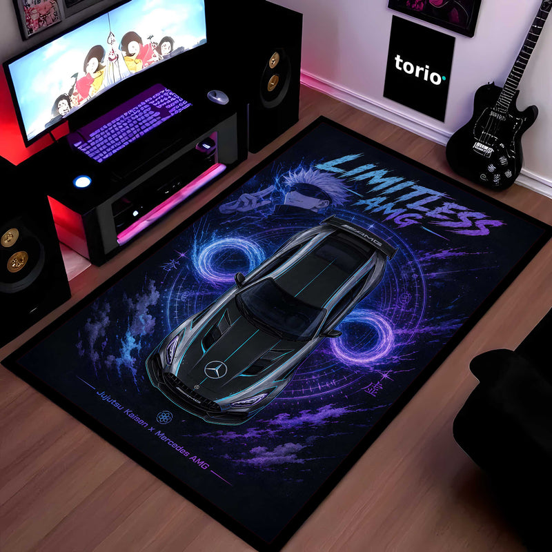 Limitless Area flat Rug | Jujutsu Kaisen x Mercedes AMG Gaming flat Rug | Anti-Slip 3 mm Large Floor Mat for Bedroom, Gaming Room & Anime Car Decor