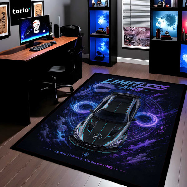 Limitless Area flat Rug | Jujutsu Kaisen x Mercedes AMG Gaming flat Rug | Anti-Slip 3 mm Large Floor Mat for Bedroom, Gaming Room & Anime Car Decor