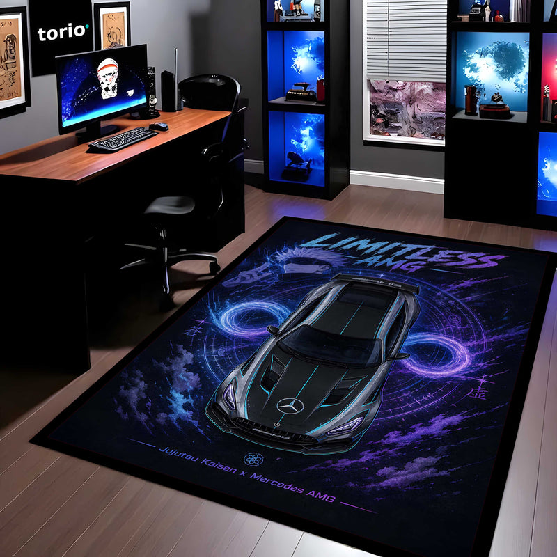 Limitless Area flat Rug | Jujutsu Kaisen x Mercedes AMG Gaming flat Rug | Anti-Slip 3 mm Large Floor Mat for Bedroom, Gaming Room & Anime Car Decor