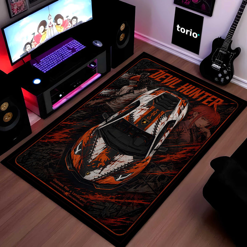 Devil Hunter Area flat Rug | Chainsaw Man x Lamborghini Supercar Gaming flat Rug | Anti-Slip 3 mm Large Floor Mat for Bedroom, Gaming Room & Anime Decor