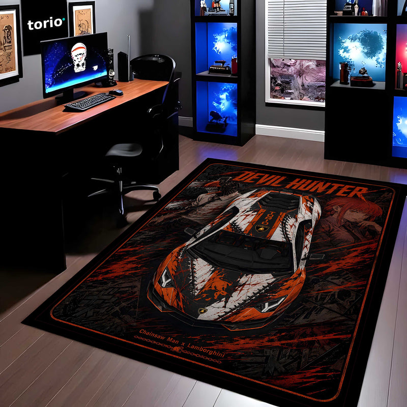 Devil Hunter Area flat Rug | Chainsaw Man x Lamborghini Supercar Gaming flat Rug | Anti-Slip 3 mm Large Floor Mat for Bedroom, Gaming Room & Anime Decor