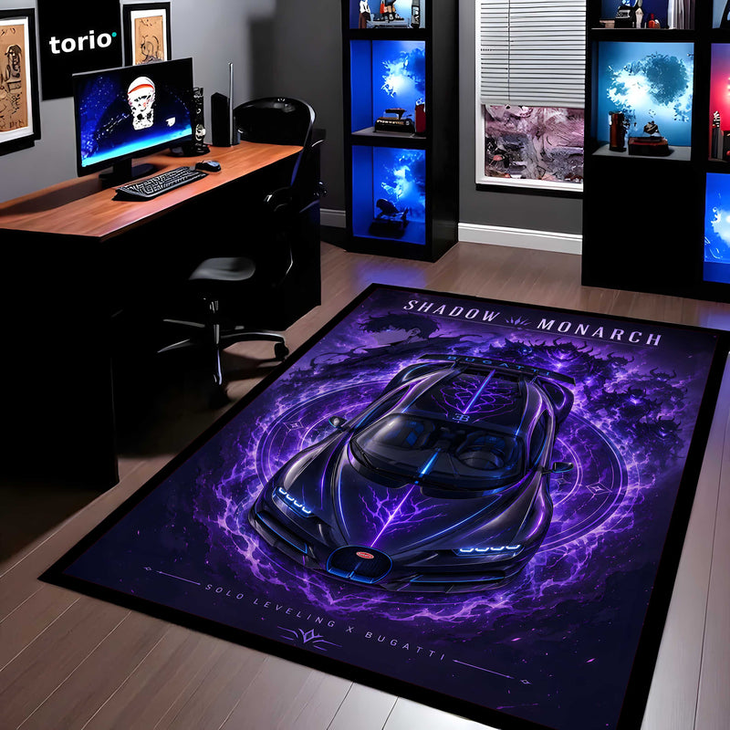 Shadow Monarch Area flat Rug | Solo Leveling x Bugatti Hypercar Gaming flat Rug | Anti-Slip 3 mm Large Floor Mat for Bedroom, Gaming Room & Anime Decor