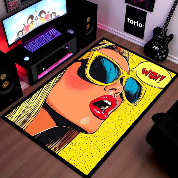 WOW! Pop Art Woman Area Flat Rug | Retro Comic Book Style Area Flat Rug | Premium Pop Art Living Room & Gaming Room Floor Decor
