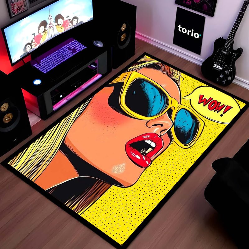 WOW! Pop Art Woman Area Flat Rug | Retro Comic Book Style Area Flat Rug | Premium Pop Art Living Room & Gaming Room Floor Decor
