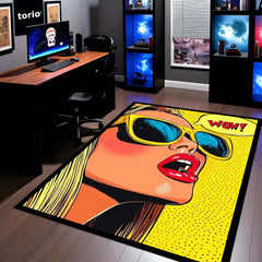 WOW! Pop Art Woman Area Flat Rug | Retro Comic Book Style Area Flat Rug | Premium Pop Art Living Room & Gaming Room Floor Decor