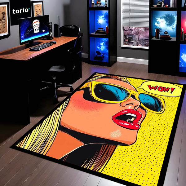 WOW! Pop Art Woman Area Flat Rug | Retro Comic Book Style Area Flat Rug | Premium Pop Art Living Room & Gaming Room Floor Decor