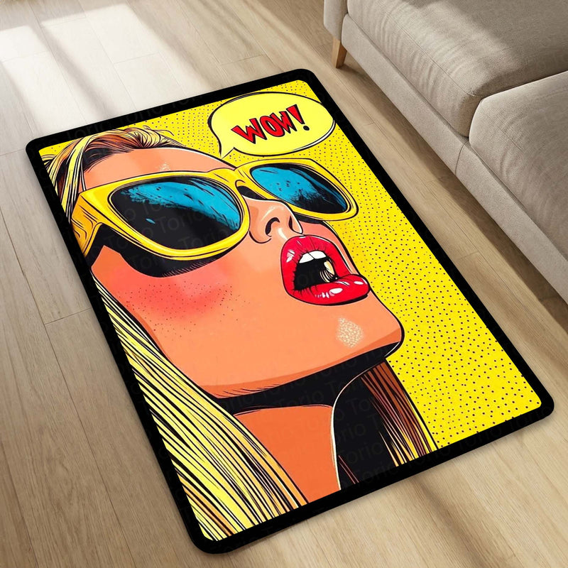 WOW! Pop Art Woman Area Flat Rug | Retro Comic Book Style Area Flat Rug | Premium Pop Art Living Room & Gaming Room Floor Decor