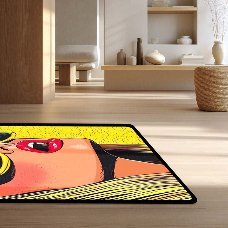 WOW! Pop Art Woman Area Flat Rug | Retro Comic Book Style Area Flat Rug | Premium Pop Art Living Room & Gaming Room Floor Decor