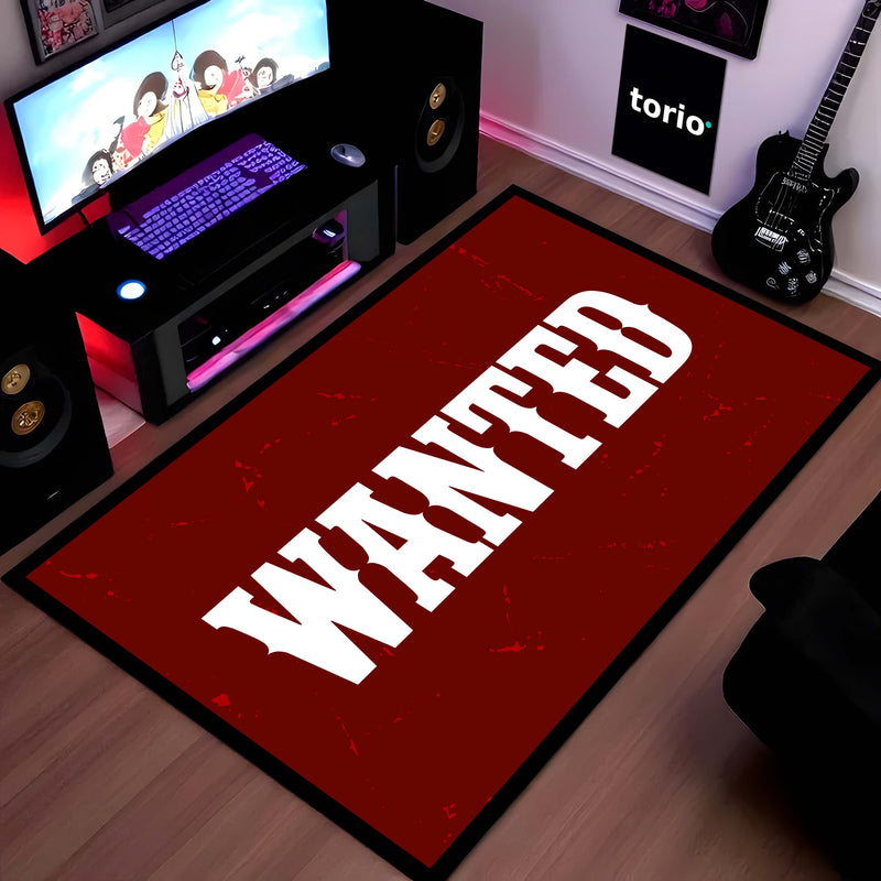 WANTED Bold Typography Floor Mat (3 mm Thick) | Minimal Red Statement Mat for Bedroom, Studio, Gaming Room & Modern Home Decor