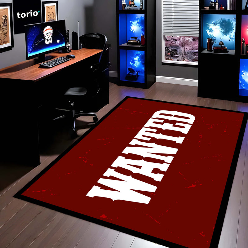 WANTED Bold Typography Floor Mat (3 mm Thick) | Minimal Red Statement Mat for Bedroom, Studio, Gaming Room & Modern Home Decor