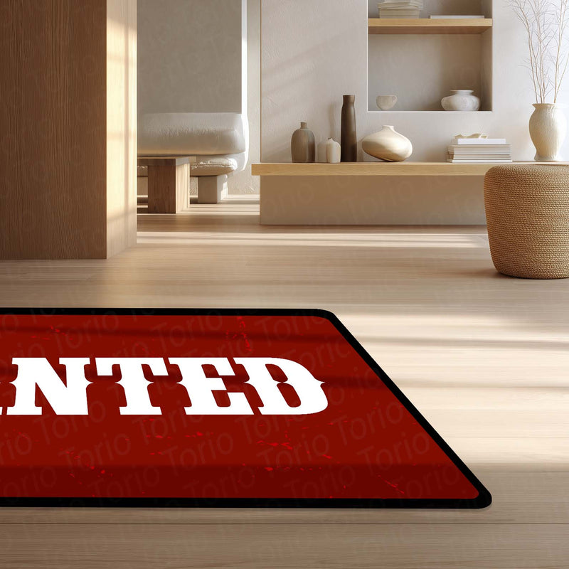 WANTED Bold Typography Floor Mat (3 mm Thick) | Minimal Red Statement Mat for Bedroom, Studio, Gaming Room & Modern Home Decor