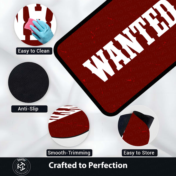 WANTED Bold Typography Floor Mat (3 mm Thick) | Minimal Red Statement Mat for Bedroom, Studio, Gaming Room & Modern Home Decor