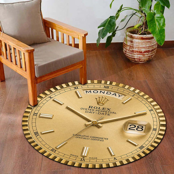 Rolex Day-Date President Dial Round Flat Rug | Luxury Gold Watch Dial Flat Rug | Premium Presidential Round Floor Decor