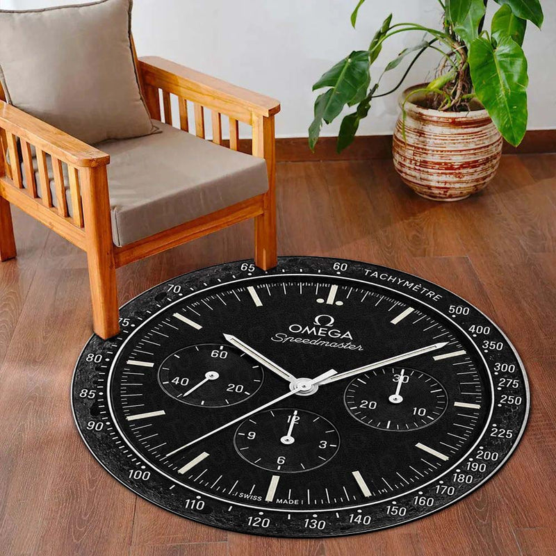 Omega Speedmaster Moonwatch Dial Round Flat Rug | Chronograph Luxury Watch Dial Flat Rug | Premium Racing-Inspired Round Floor Decor