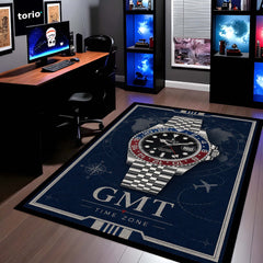 GMT Master Luxury Flat Rug | Premium GMT Watch Inspired Flat Rug | Travel Time Zone Watch Home Decor