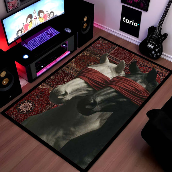 Black & White Horse with Red Blindfold Area Rug | Aesthetic Animal Floor Mat | Modern Artistic Rug for Bedroom, Living Room, Gaming Setup & Home Decor