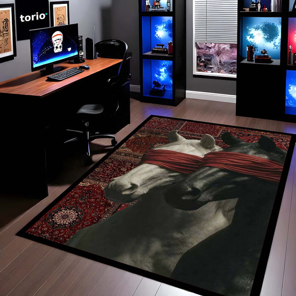 Black & White Horse with Red Blindfold Area Rug | Aesthetic Animal Floor Mat | Modern Artistic Rug for Bedroom, Living Room, Gaming Setup & Home Decor