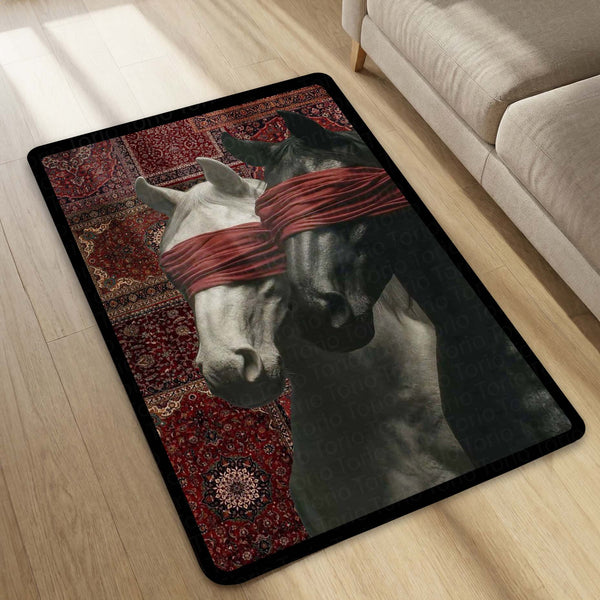 Black & White Horse with Red Blindfold Area Rug | Aesthetic Animal Floor Mat | Modern Artistic Rug for Bedroom, Living Room, Gaming Setup & Home Decor