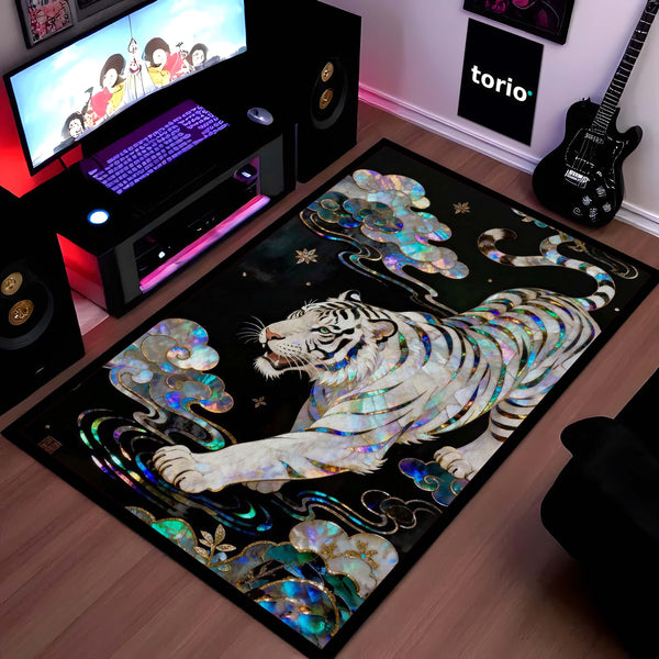 White Tiger Luxury Area Rug with Iridescent Pearl Art | Premium Aesthetic Animal Floor Mat | Modern Designer Rug for Living Room, Bedroom, Gaming Setup & Home Decor
