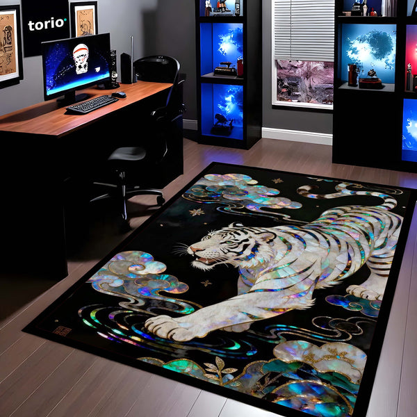 White Tiger Luxury Area Rug with Iridescent Pearl Art | Premium Aesthetic Animal Floor Mat | Modern Designer Rug for Living Room, Bedroom, Gaming Setup & Home Decor