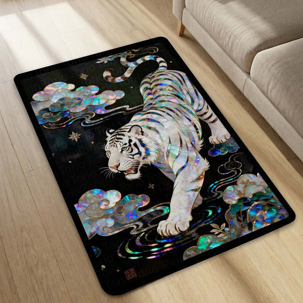 White Tiger Luxury Area Rug with Iridescent Pearl Art | Premium Aesthetic Animal Floor Mat | Modern Designer Rug for Living Room, Bedroom, Gaming Setup & Home Decor